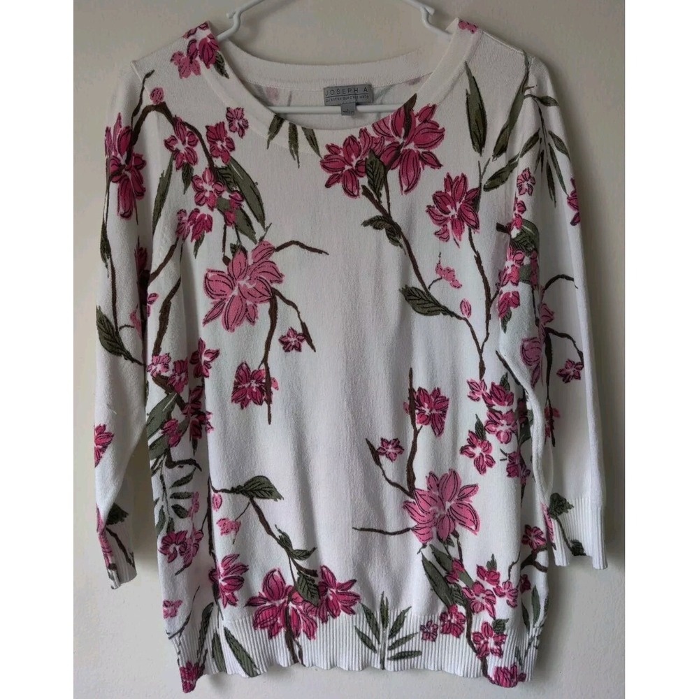 Joseph A Womens 3/4 Sleeve Sweater White with Red Floral Print Size Large